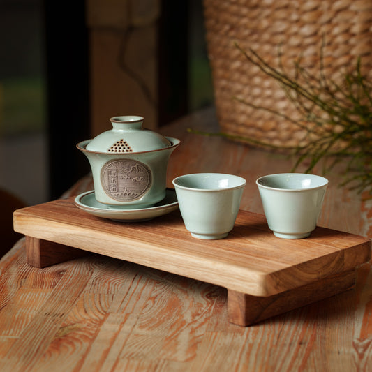 Celadon Porcelain Gaiwan Tea Set with Relief Medallion