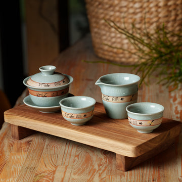 Crackle-Glaze Porcelain Tea Set with Bamboo Calligraphy Band