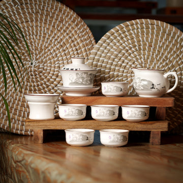 Porcelain Tea Set with Subtle Lotus & Bird Motif