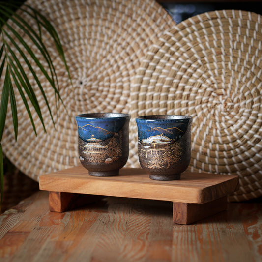 Handcrafted Japanese-Style Tea Cups with Night Landscape Design (Set of 2)